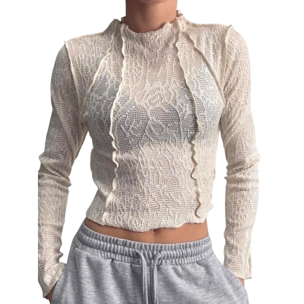 Kimchi Blue Lace Top Womens Med Cream Sheer Exposed Seam Lettuce Edge Fairycore